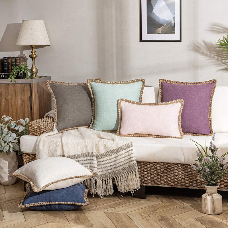 Phantoscope Pack of 2 Farmhouse Decorative Solid Throw Decorative Pillow Cover Burlap Linen Trimmed Tailored Edges Off White 26 x 26 inches  65 x 65 cm - Image 5